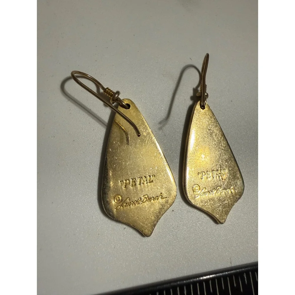 Laurel Burch Petal Enamel Drop Earrings Gold Tone Copper Orange Vintage Signed
